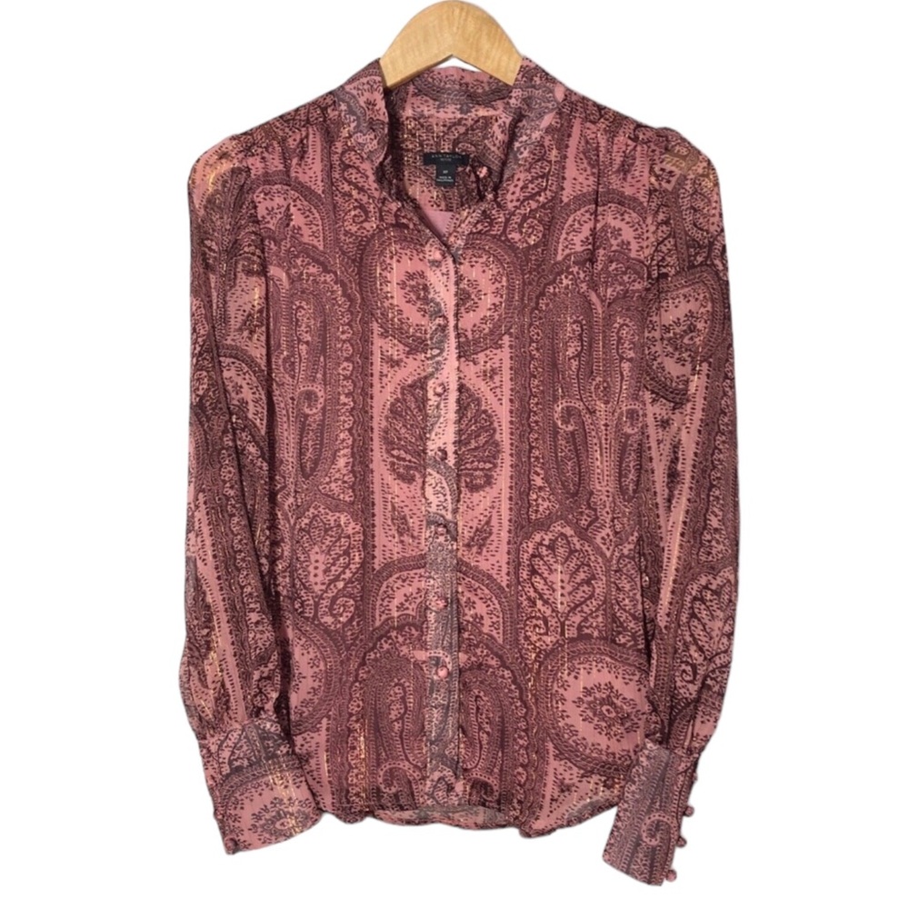 Ann Taylor Petite Sheer Paisley Button Down Shirt Womens Size MP